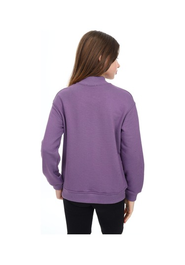 Toontoy Kız Çocuk Mavi Dik Yaka Fermuarlı Cepli Düşük Omuz Nakış Baskılı Örme Hırka - 2 İplik Şardonlu Mor