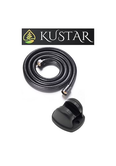 Kustar 3'lü Set Siyah 5 Fonksiyonlu Turbo Jet Pervaneli Duş Başlığı Örgülü Hortum Ve Askı Siyah