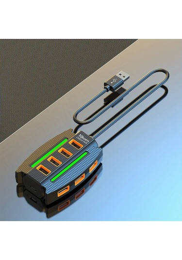 Xuweiwei 1 Adet Siyah Yüksek Hızlı 10 Portlu Usb 2 0 Hub Rgb Işıklı Çoklu Cihaz Ayrıcı Veri Aktarım Tak Çalıştır 36v Bilgisayar Aksesuarı