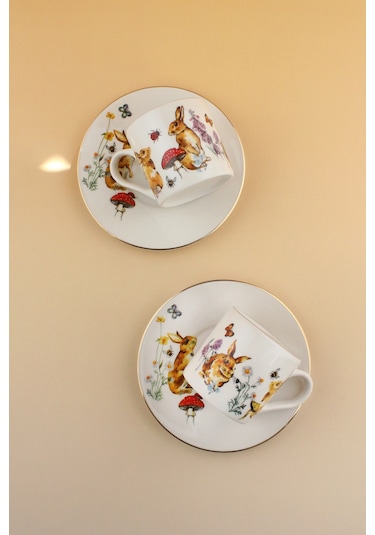 Retro Tavşan Altın Yaldızlı İki Kişilik Kahve Fincan Takımı Beyaz - Altın