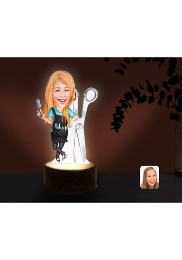 Kişiye Özel Kadın Kuaför Karikatürlü Dekoratif 3D Biblo Led Işıkl