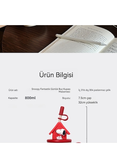 Lyon Snoopy Taşını Büyük Kapasiteli Termos Hasır Fincan 800ml Kırmızı Kırmızı