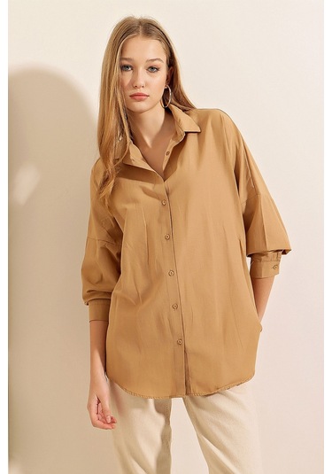 Bigdart 3900 Oversize Uzun Basic Gömlek - Bisküvi 001