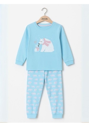 Kız Çocuk Pamuklu Kutup Ayısı Baskılı Pijama Takımı-16020 Turkuaz