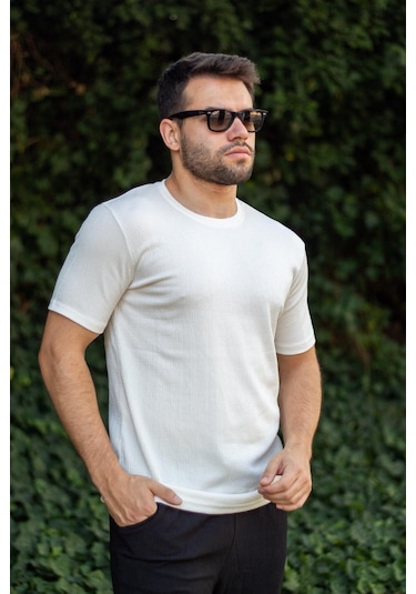 Erkek Beyaz Krep Kumaş Rahat Salaş Esnek Bisiklet Yaka T-shirt 23etshtarp 001