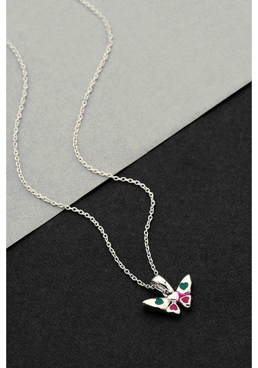 925 Ayar Gümüş Kalpli Kelebek Kolye - 23173001 Gümüş