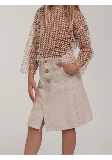 Kız Çocuk Pamuklu Keten Yırtmaçlı Cepli Etek-15612 Bej
