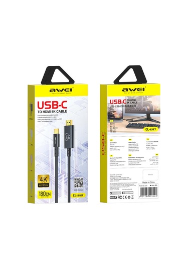 Awei Cl-212t Usb-c / Type-c - Hdmı 4k 30hz Hd Adaptör Kablosu, Uzunluk: 1.8m Siyah