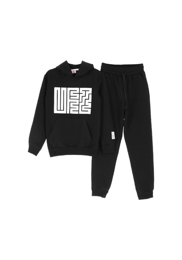 Kız Çocuk 2 İplik Küfe Yazı Görselli Kapüşonlu Alt-üst Takım 12374 Siyah