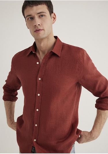 Mavi - Turuncu Keten Gömlek 0211466-71100 Turuncu