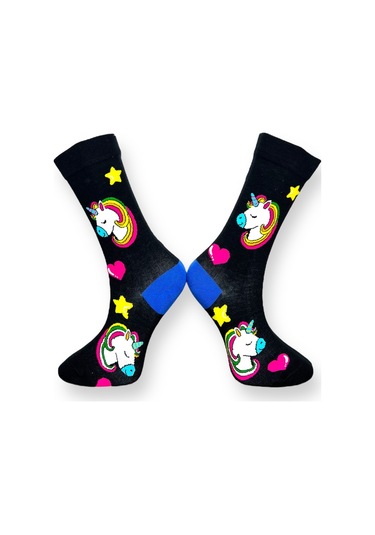 3'lü Unısex Unicorn Tasarımlı Gökkuşağı Ve Yıldız Detaylı Esnek Nem Alabilen Pamuklu Spor Soket Çoraplar Çok Renkli