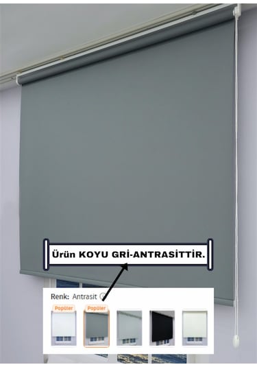 Düz Stor Perde - Kalın Mat Stor Güneşlik Kumaş Keten - Alüminyum Kasa Ve Boru - Eteği Dilimsiz/düz Antrasit