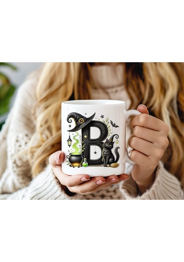 B Harfli Halloween Kedili Figür Kupa Bardak - Şapkalı Ve Kazanlı İsme Özel Kupa - Hediye Beyaz