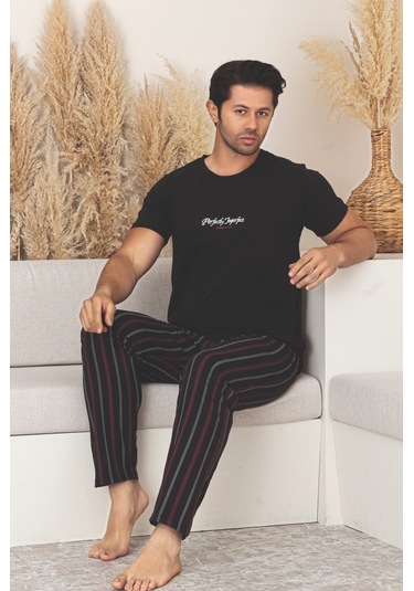 Dreamy Pamuklu Cepli Kısa Kollu Çizgili Erkek Pijama Takımı Siyah