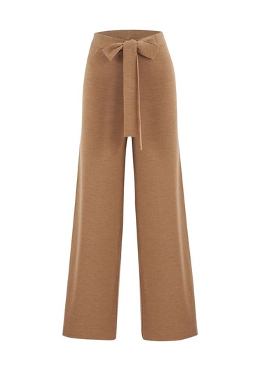 Peraluna Boru Paça Yüksek Bel Kadın Triko Pantolon Camel Melanj