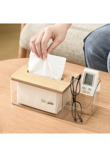 Şeffaf-çok Fonksiyonlu Uzaktan Kumanda Doku Saklama Kutusu Ev Oturma Odası Yemek Odası Masaüstü Dekorasyon Ahşap Kapak Doku Kutusu