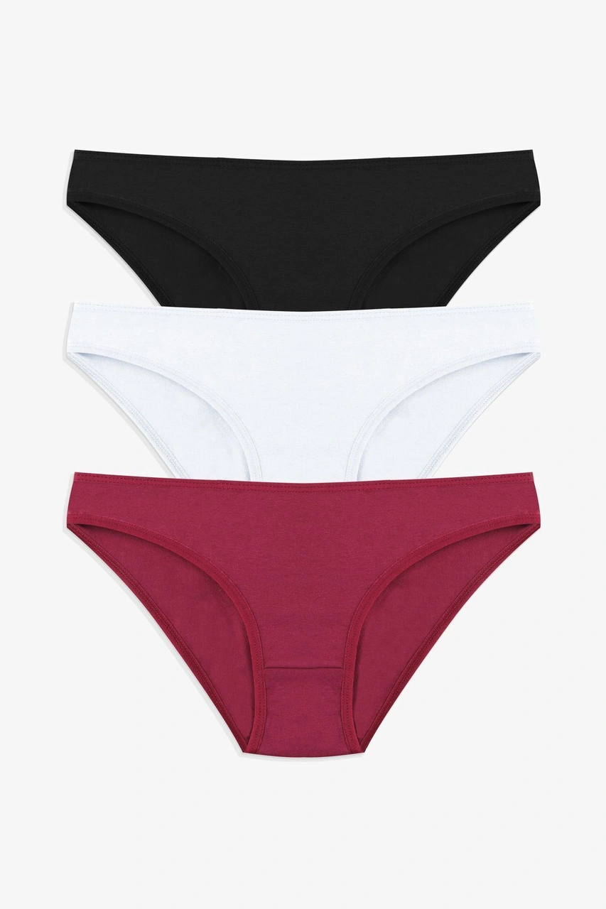 Kadın 3'lü Pamuklu Basic Külot 11040 Bordo - Siyah - Ten