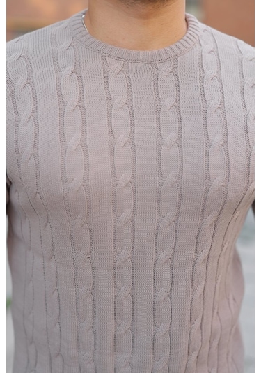 Erkek Örgü Desen Bisiklet Yaka Kazak Gri