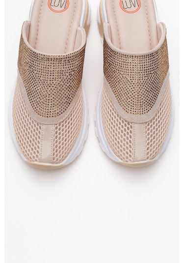 Luvishoes Glea Bej Taşlı Fileli Burnu Kapalı Kadın Terlik Bej