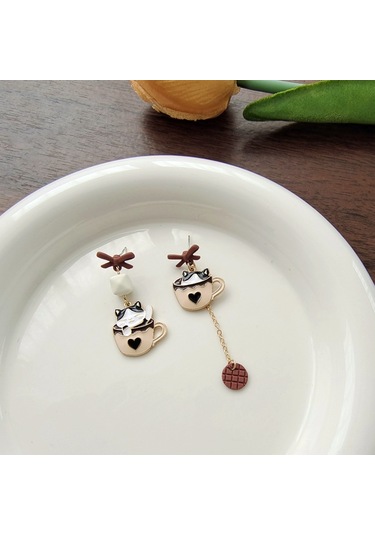 Skycity Asimetrik Kedi Ve Bardak Tasarımlı Şık Küpeler - Benzersiz Tarz İfadesi Diğer Çok Renkli