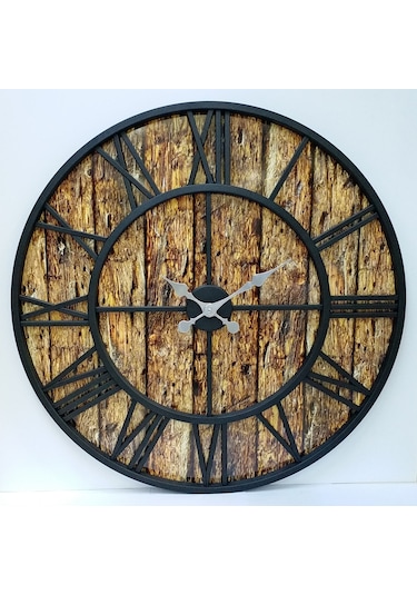 Otantik Ferforje Metal Ahşap Eskitme Duvar Saati 76Cm Ahşap