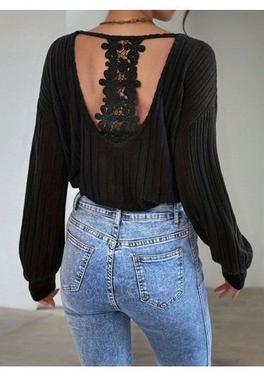 Kadın Uzun Kollu V Yakalı Pencere Sırt Dantel Detaylı Kalın Fitilli Kaşkorse Bluz Antrasit Melanj