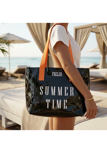 Frelso Şeffaf Plaj Çantası Baskılı Kadın Beach Çanta Siyah