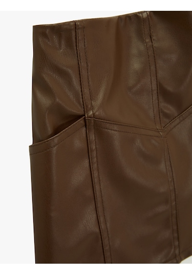 Koton Beli Lastikli Diz Üstü Deri Görünümlü Etek Kahverengi 6wkg70019ak Kahve