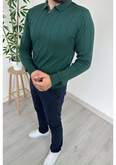 Explode - Erkek Yeşil Çizgili Fermuarlı Polo Yaka Triko Kazak Yeşil