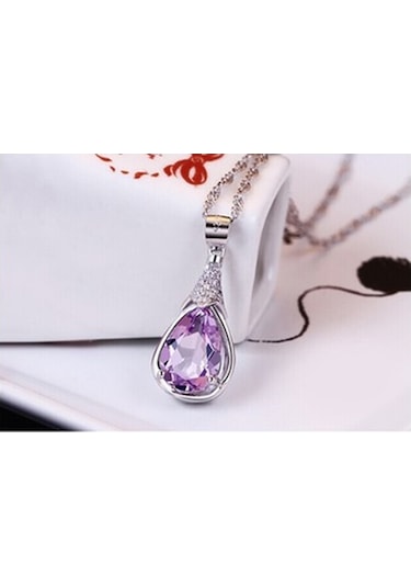 Brezza Lusso Jewelry Gümüş Su Damlası Ametist Taşı Kadın Kolye Küpe Seti Gümüş Set