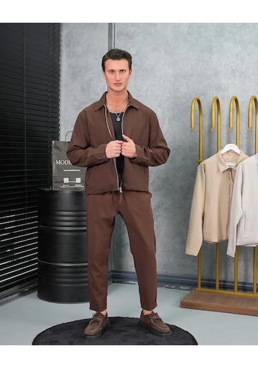 Modefendi Düz Kumaş Oversize Fermuarlı Alt Üst Jogger Takım Kahverengi