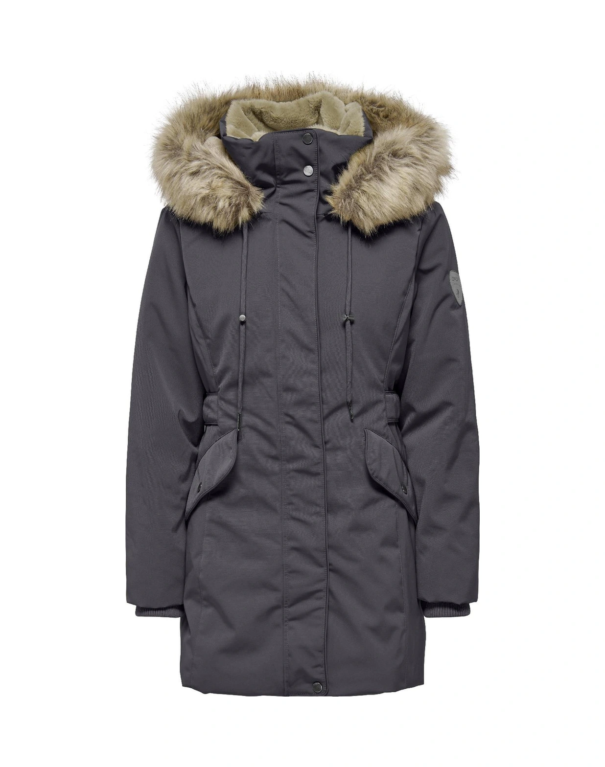 Kadın Only Onlnewprıska Parka Kapüşonlu, Suni Kürklü, Uzun Kollu, Siyah Kışlık Mont Gri