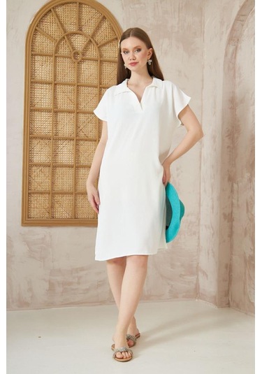 Kadın Bol Kesim Polo Yaka Kısa Kollu Günlük Kısa Midi Elbise Dizüstü 2883200 Ekru