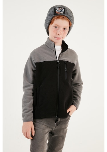 Lela Yumuşak Dokulu Fermuarlı Renk Bloklu Dik Yaka Cepli Hırka Unisex Çocuk Polar 5905001 Gri-Siyah