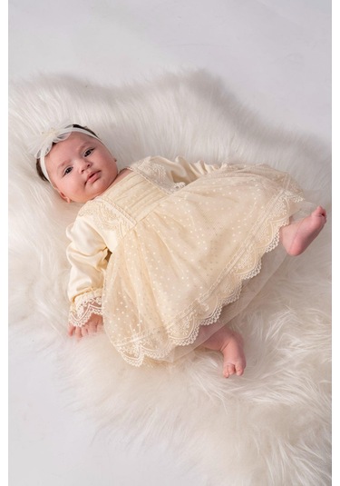 Krem Dantelli Kız Bebek Tül Elbise KREM