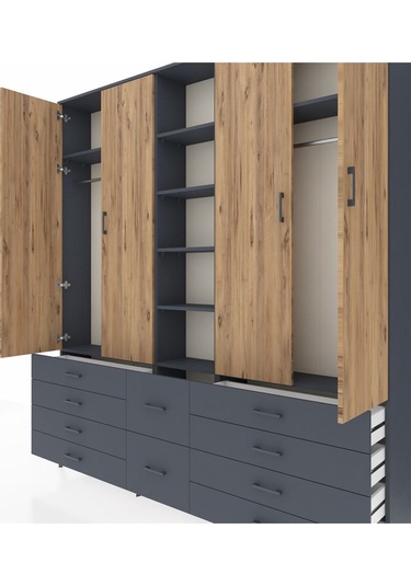 Arges Dolap 9 Raflı 10 Çekmeceli 2 Askılı 220x30x243 Antrasit-çam/antrasit Atlas Çam/antrasıt