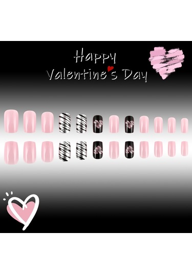 Kısa Günlük Bahar Manikürü Aşk Kontrast Renk Tırnak Siyah Pudra Çizgisi Tatlı Serin Parlak Takma Tırnak 24 Parça Dahil Araçlar Ys518