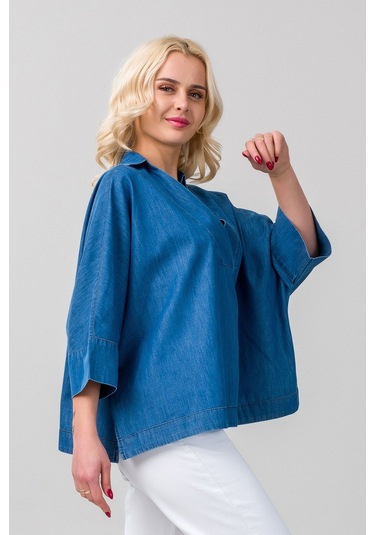 Kadın Gömlek Yakalı Yaka İndigo Mavi Kol Ucu Manşetli İnce Kot Kumaş Bluz İndigo