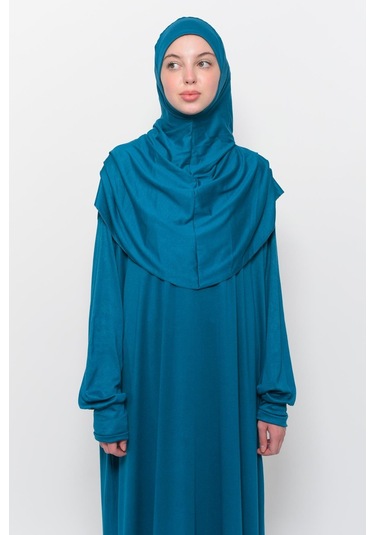 Pratik Tek Parça Pamuklu Yarasa Kollu Tak Çıkar Başörtülü Tesettür Namaz Elbisesi Açık Petrol Çok Renkli