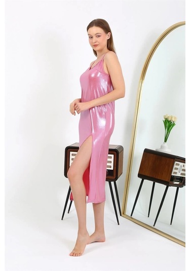 Giyim Kadın İp Askılı Uzun Parlak Micro Elbise Gecelik Pembe Pembe