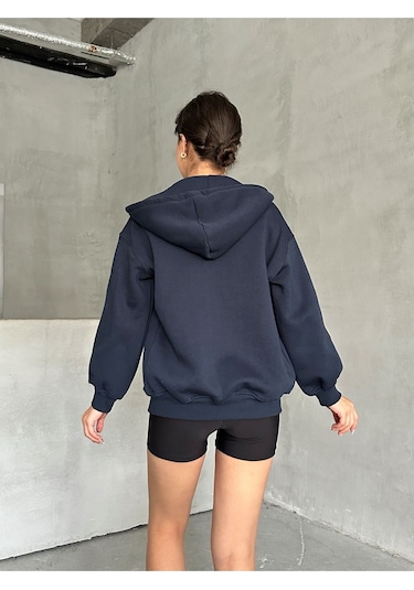 Kadın Fermuarlı Oversize Sweat Hırka Lacivert