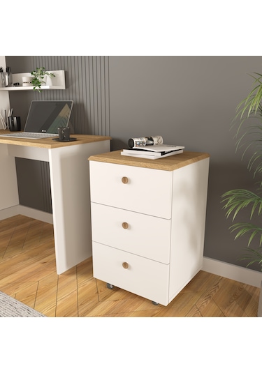 Olven Raflı Çalışma Masası Ve Keson 3 Çekmeceli , Beyaz - Meşe