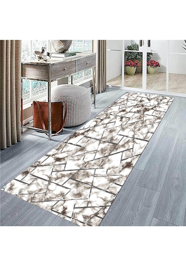 Krem Kahve Kaymaz Tabanlı Kesme Yolluk Koridor Mutfak Salon Halısı