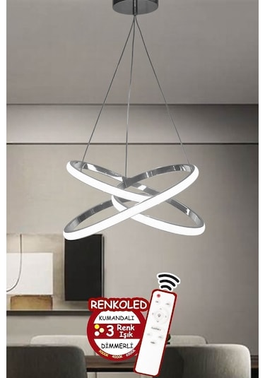 Renkoled Aydınlatma Kumandalı 3 Renk Işıklı Krom Kasa Modern Sarkıt Led Avize Krom
