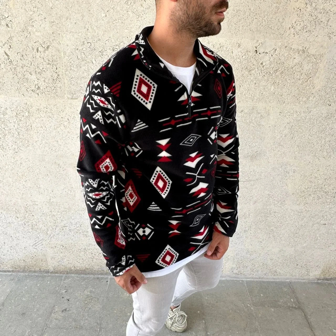 Erkek Yarım Fermuarlı Desenli Polar Sweat Tribal Etnik Desen Yakalı, Uzun Kollu, Oversize Rahat Kalı Siyah