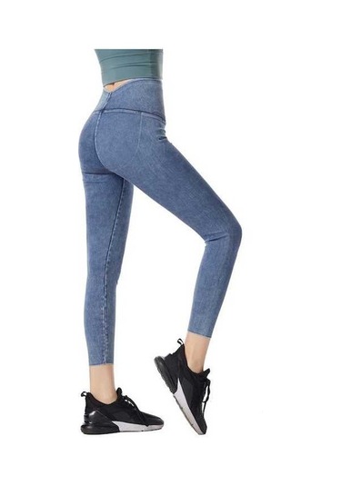 Fortunelane Kadınlar İçin Yüksek Bel Gövde Vurgulayan Esnek Yoga Spor Tayt - Lacivert Koyu Mavi Koyu Mavi