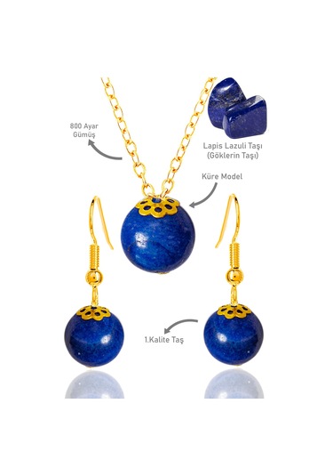 Sertifikalı Gold Küre Orijinal Lapis Lazuli Taşı Kolye Ve Küpe Se Çok Renkli