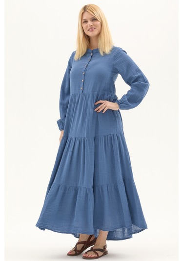 Uzun Kol İndigo Düğmeli Yazlık Uzun Müslin Elbise İndigo