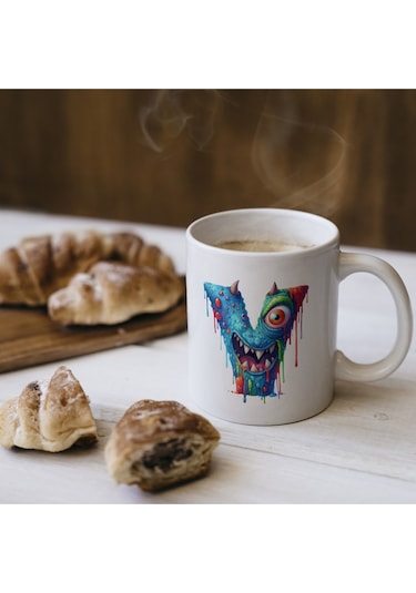 V Harfi Bardak, Sevimli Canavarlar Harflı Bardak Hediyesi Porselen Beyaz