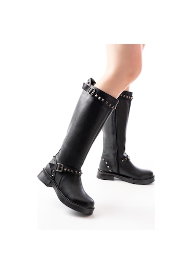 02-307 Siyah Düz Topuklu Günlük Bayan Binici Çizme Resimdeki Renk